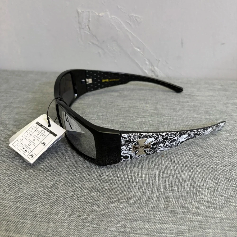 Choppers Sunglasses Mens OS Black Silver 6775-SLV Skull Graphic Wrap Biker Y2K